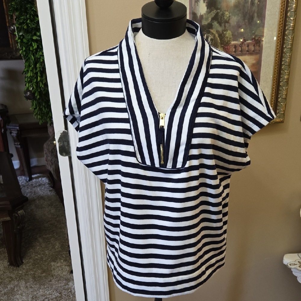 Crown & Ivy Navy and White Striped Top V Neck With Zipper Ragland Sleeve M EUC